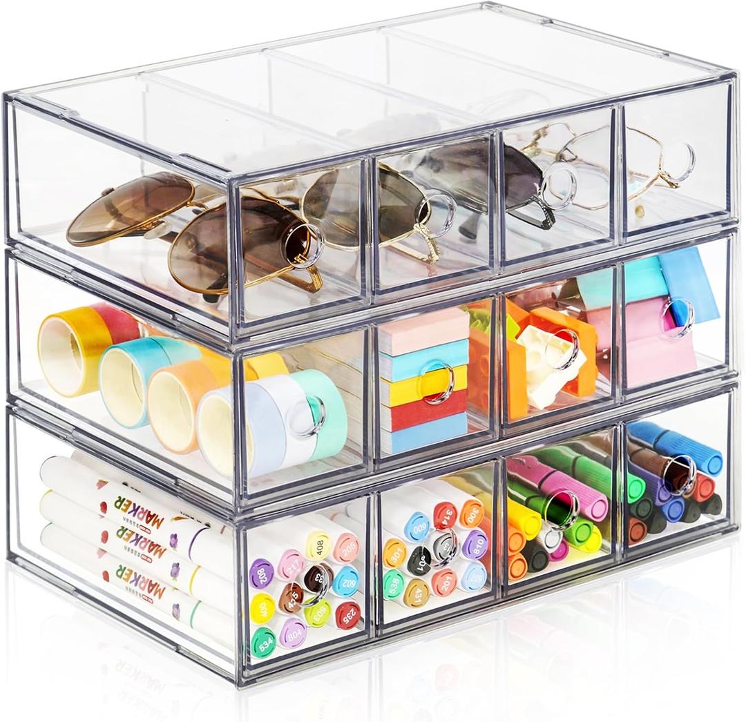 Desk Organizer with 12 Drawers, FODIENS 3 Packs Stackable Desktop Storage Box with Removable Drawer, Clear Sunglasses Organizer Display Case for Stationery Marker Pens Eyeglasses Office Supply