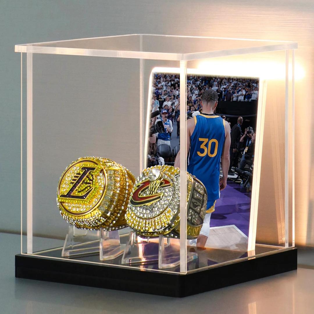 LANSCOERY Acrylic Championship Ring Display Case with 3Color LED Light, DustProof Door & Dual Stands + Photo Frame  Clear Memorabilia Showcase Box