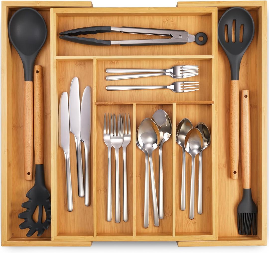 Masirs Expandable Bamboo Kitchen Drawer Organizer - Adjusts to Fit Drawer Size, Ideal for Silverware, Utensils, and Office Supplies, Durable Bamboo Construction (Brown)