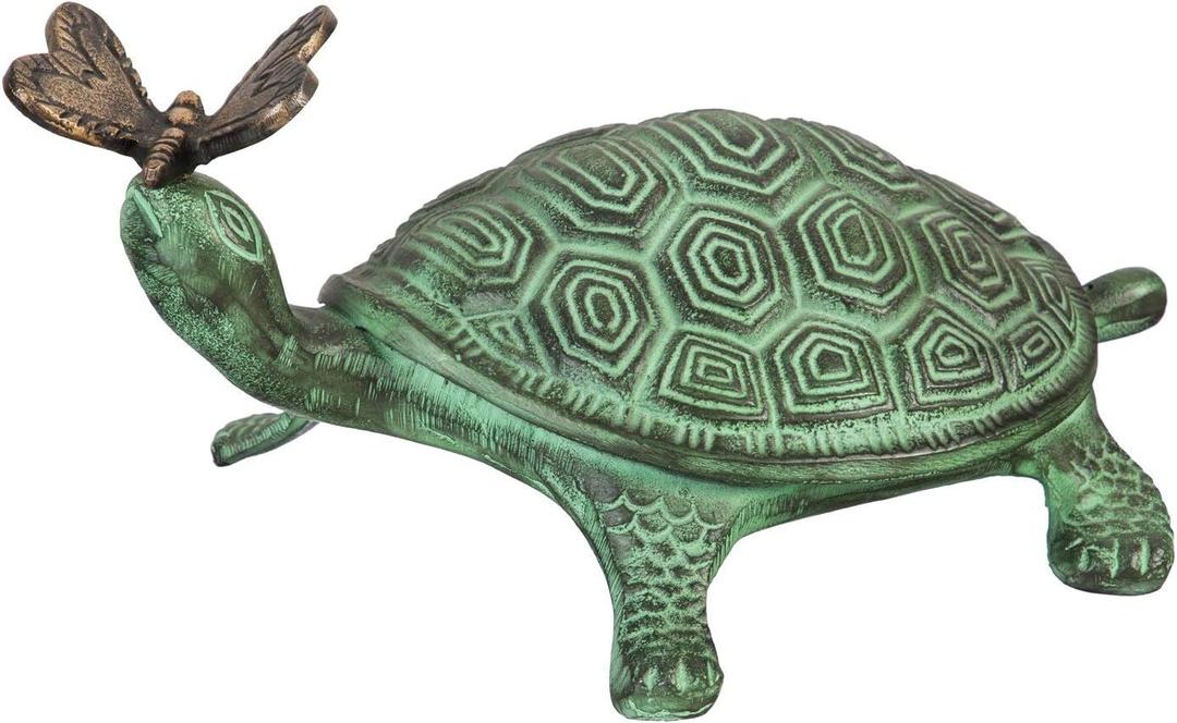 Evergreen Garden 14" L Beautiful Summer Turtle and Butterfly Metal Garden Statue, Fade and Weather Resistant Outdoor Decoration for Homes, Yards and Gardens