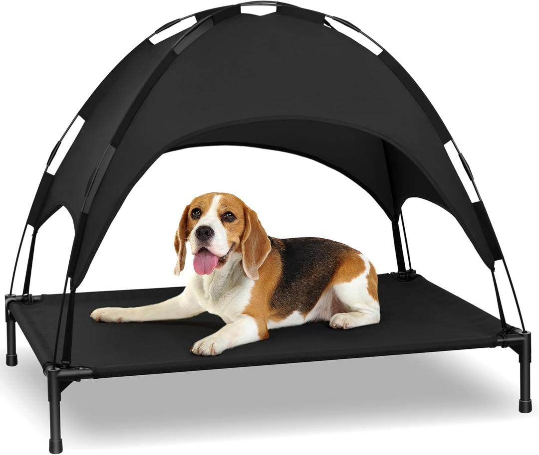 Heeyoo Elevated Dog Bed with Canopy, Portable Dog Cot with Removable Shade Tent, Outdoor Raised Pet Cot Cooling Bed for Dogs (42"L x 31"W x 7.5"H, Black)
