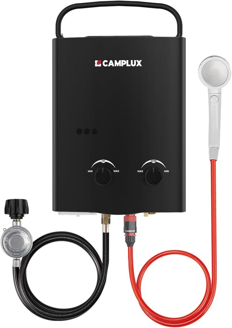 CAMPLUX 1.32 GPM Portable Water Heater, 5L Tankless Water Heater Propane Outdoor, AY132B, Black