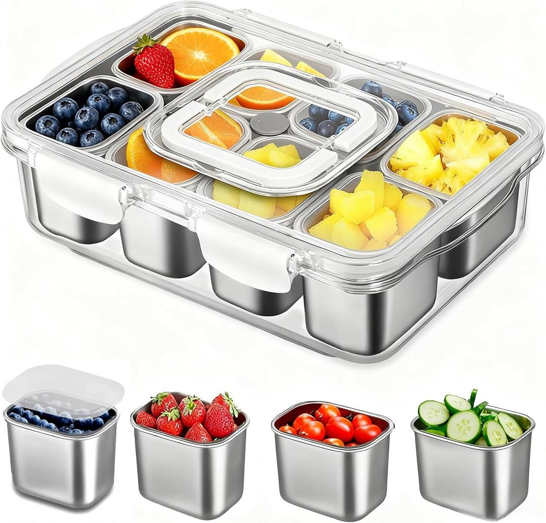 Snackle Box Container, Stainless Steel Divided Serving Tray with Lid and Handle, Large Snack Tray for Fruit Veggie Candy, 8-Compartment Snack Platter for Travel Party Beach Picnic (Silver)