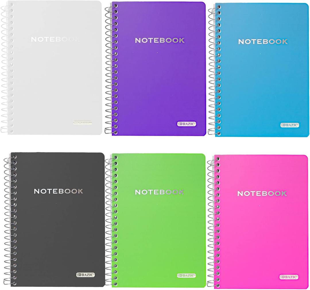 BAZIC PRODUCTS Spiral Notebook, Composition Book, 5" x 7" Poly Cover Spiral Notebook, College Ruled 100 Sheet Notebook for School, Office, & Home Use, Assorted Color, 6-Pack