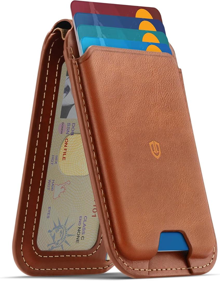 SHIELDON Genuine Leather Card Holder for Phone, Strong Magnetic Wallet for MagSafe with Adjustable Stand, RFID Blocking Mag Wallet for iPhone 17/17e/16/15/14/13/12/Pro/Max/Air/Plus Men & Women - Brown