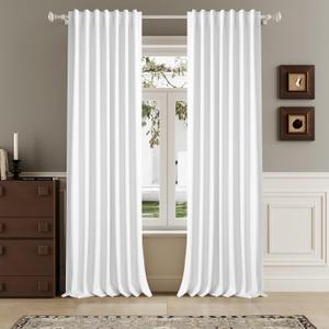 DUALIFE Pure White Blackout Curtains 102 Inch Length 2 Panels Set for Living Room Bedroom Rod&Back Tab Thermal Insulated 100% Black Out Linen Drapes Room Darkening Window Curtains 72" x 102"