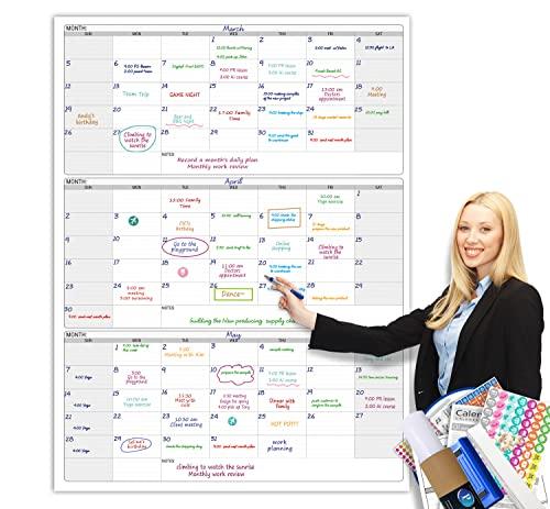 Dry Erase Vertical Three Month Laminated jumbo Wall Calendar, 46 x 63, Huge quarterly Laminated Erasable White Board, Giant 90 day Family Whiteboard Schedule Planner, Large Multi Month Reusable