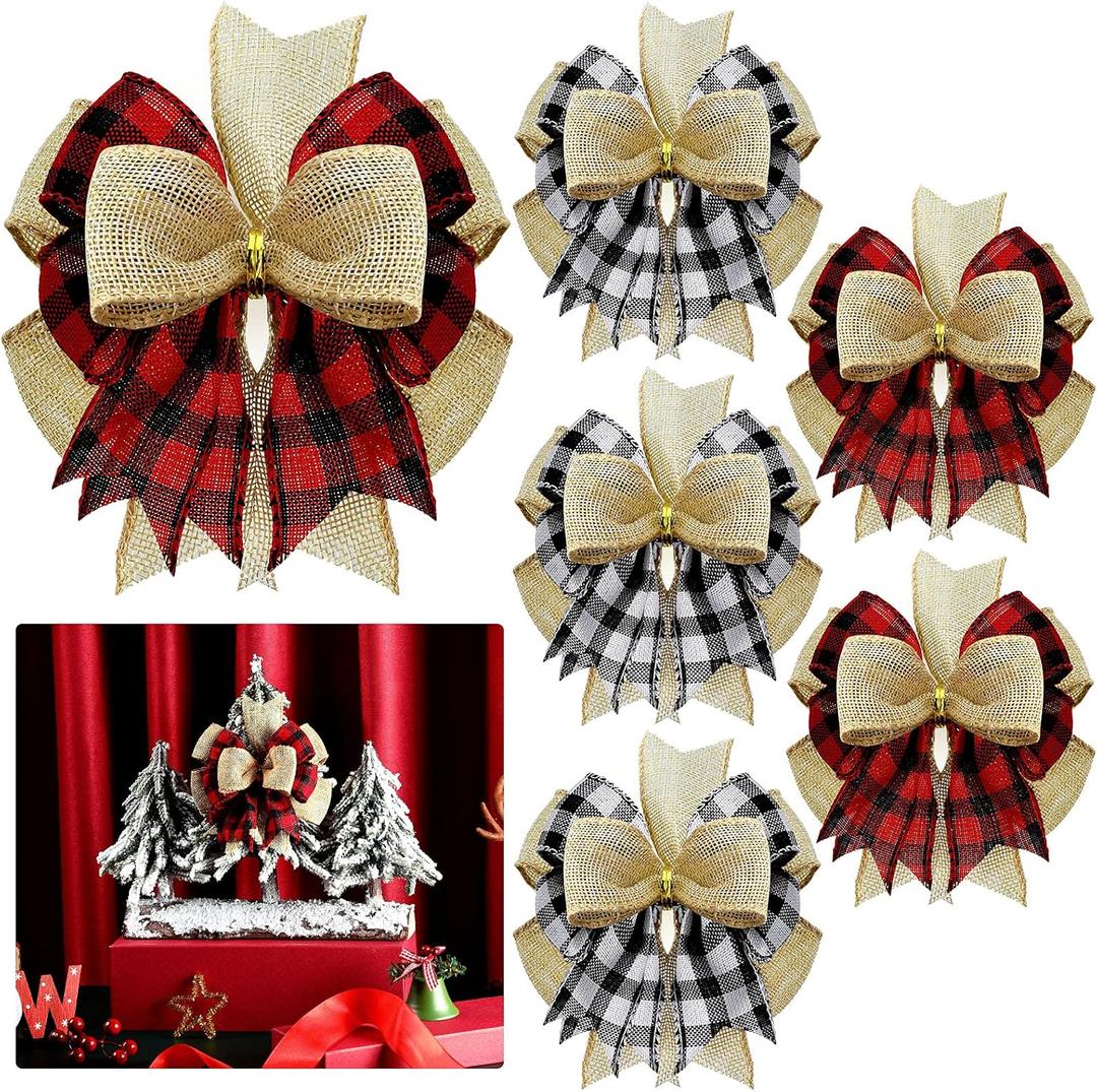 Chuangdi 6 Pcs Christmas Premade Bows for Wreaths Buffalo Plaid Bows Xmas Plaid Gift Bows Burlap Wreaths Bows Christmas Tree Topper for Wedding Holiday Thanksgiving(Black and White, Red and Black)