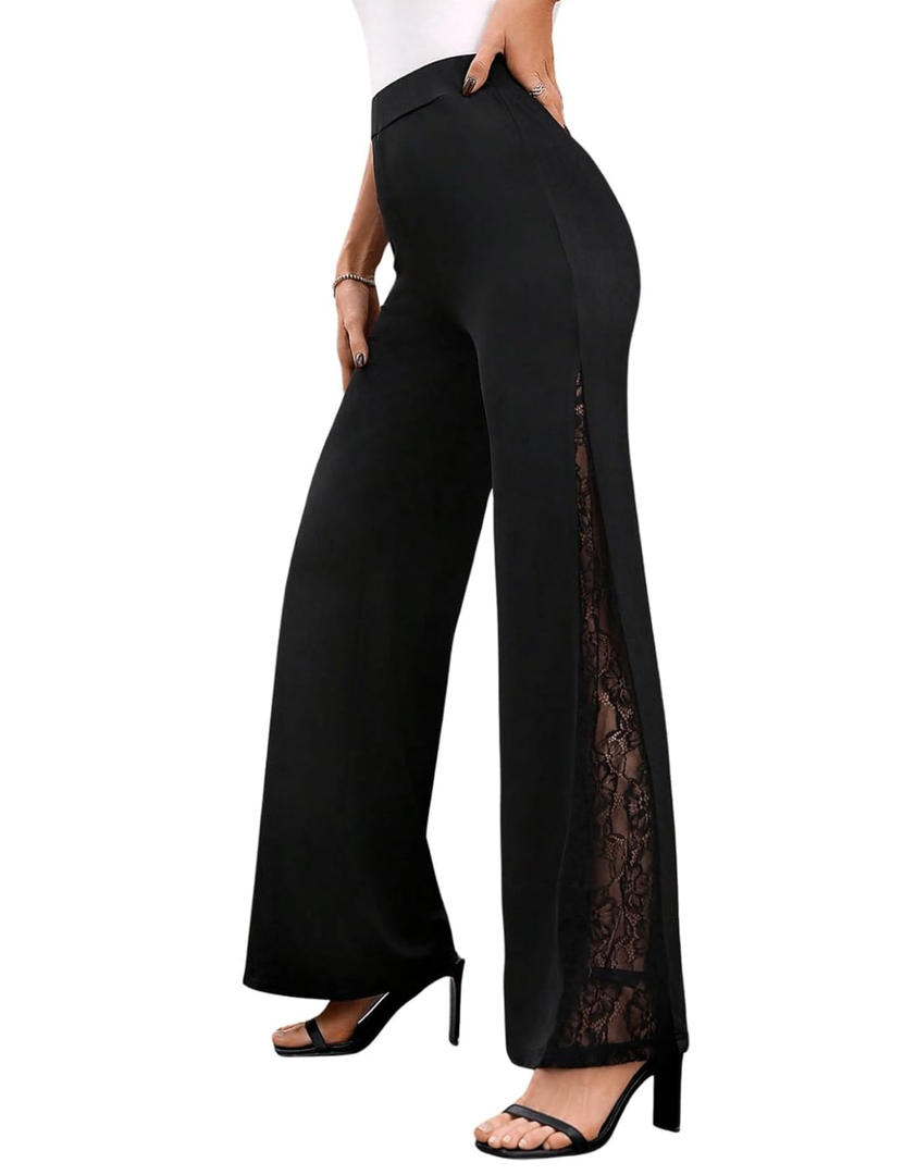 GORGLITTER Women's Lace Bell Pants Bottom Flare Flared Leg Elastic High Waist Casual Office Trousers M