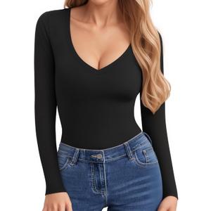 CLOZOZ V Neck Tops Sexy Shirts for Women Fitted Tight T Shirts Basic Tee (XL, Black)