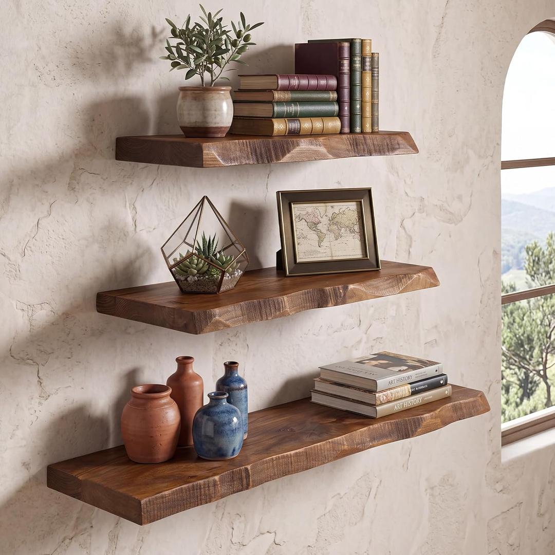 3 Pcs Solid Live Edge Floating Shelves for Wall Rustic Wood Shelf