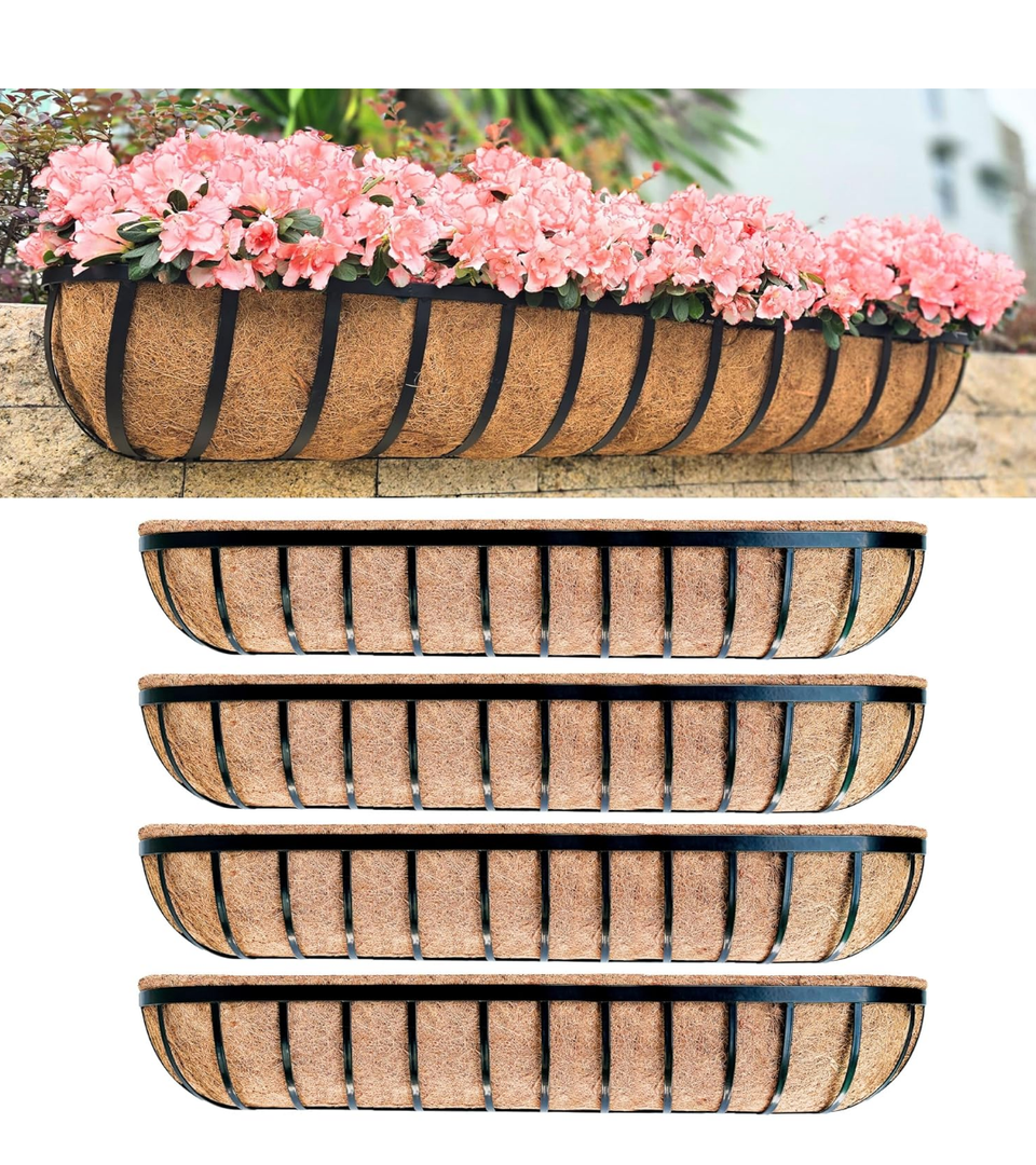 aLaGreen Wall Hanging Planters (48 Inch, 4 Pack) Long Window Flower Box Planter with Coco Liner, Black Metal Rectangular Outdoor Plants Attach to House Horse Trough Fence Balcony Garden Porch Patio
