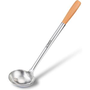 Tenta Kitchen Professional Large Stainless Steel Serving Ladle Spoon - Gravy Ladle Soup Spoon For School Canteen,Hotel Kitchen,Restaurant (Wooden Handle Ladle)