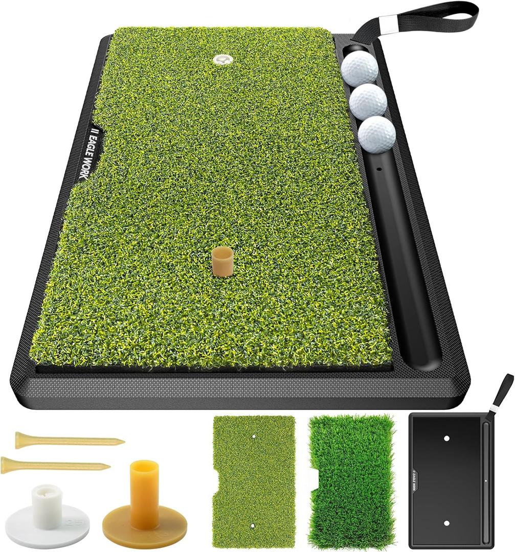 Heavy Duty Golf Hitting Mat, 2-in-1 Dual Turf Golf Practice Mat with Non-Slip Rubber Base for Driving, Chipping Practice Indoor & Outdoor