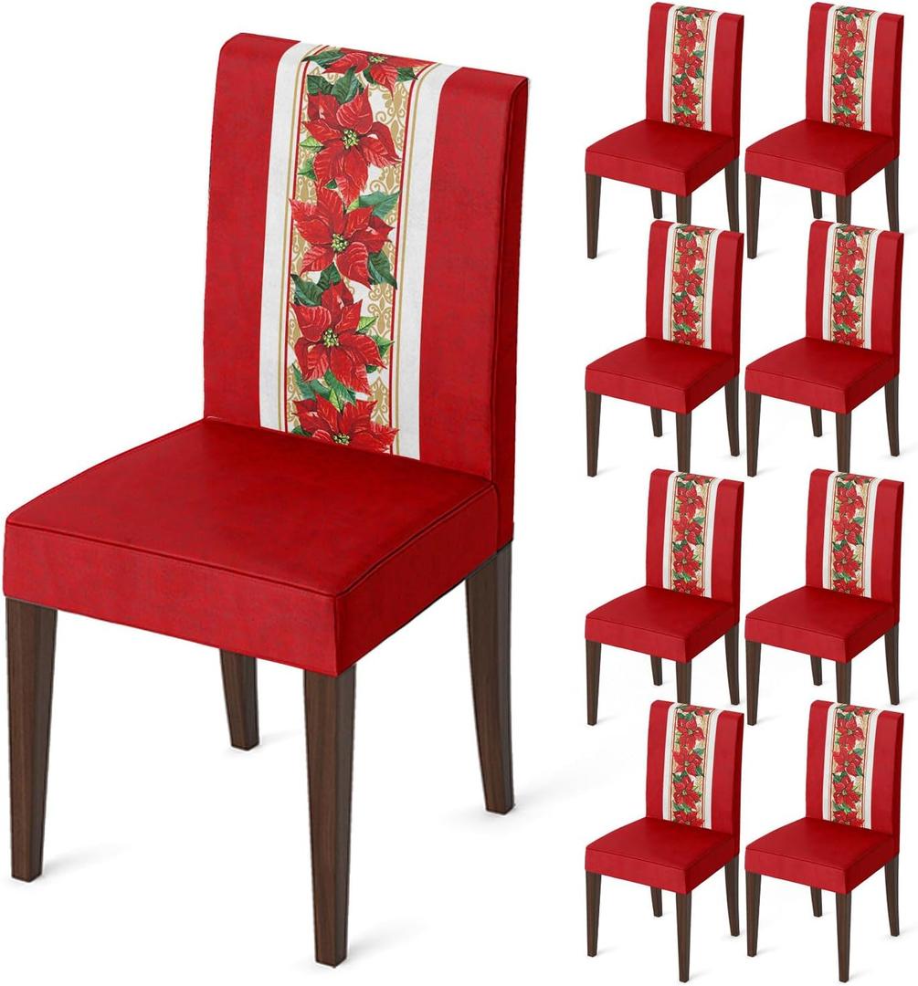 Horaldaily 8PCS Christmas Dining Chair Covers, Watercolor Red Poinsettia Stretch Removable Washable Slipcover Chair Protector for Dining Room Home Decor