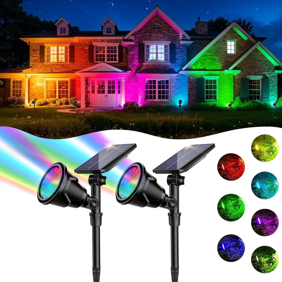 ROSHWEY Solar Spot Lights Outdoor, 7 Colors Halloween Christmas Outdoor Lights Waterproof Landscape Light 600LM Solar Spotlight Lighting for House Backyard Pool Patio Garden Decor- 2 Pack