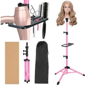 ZQIAN BEAUTY Wig Stand Tripod 50 Inch Metal Wig Mannequin Head Tripod Stand For Hairdressing Training Head Adjustable Wig Tripod Stand with Tool Tray (Pink, Mannequin Head Not Included)