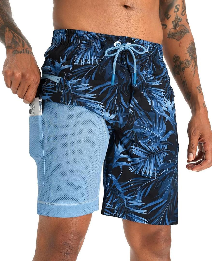 APTRO 2 in 1 Men's Swim Trunks 9" with Zipper Pockets Bathing Suit Built-in Board Shorts Swimwear Long Shorts Palm Blue 2X