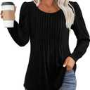 LOVESHOOT Womens Long Sleeve Blouse Fall Dressy Casual Pleated Crew Neck Shirts Floral Bohemian Tunic Tops (Black, L)