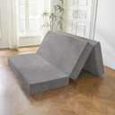 BYBYME Corduroy Tri-Folding Mattress, 6 Inch Gel Folding Mattress Topper, Foldable Soft Guest Bed Camping Pad, Washable Cover (Grey, Queen)