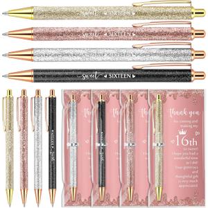 Feifeiya 25 Sets Sweet 16th Birthday Party Favors for Guests, Include Sweet Sixteen Glitter Ballpoint Pens with Thank You Cards, Thank You for Coming to My 16 Years Birthday Party Supplies (Classic)