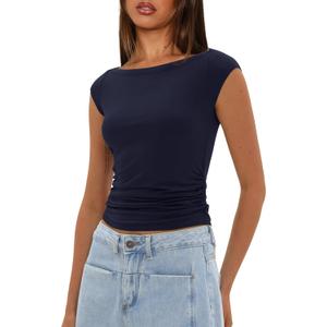 Darong Women's Summer Boat Neck Tops Cap Sleeve Slim Fitted Modal Basic Tee Trendy Casual Shirts (Medium, Dark Blue)