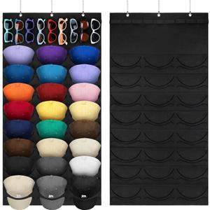 Hat Organizer Racks for Baseball Caps and Sunglasses, Hat Rack for Wall, Sunglass Organizer 24 Pockets 9 Holes(Black)
