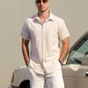 AOTIK Mens Cotton Linen Shirt Button Down Short Sleeve Shirt XXL Beige