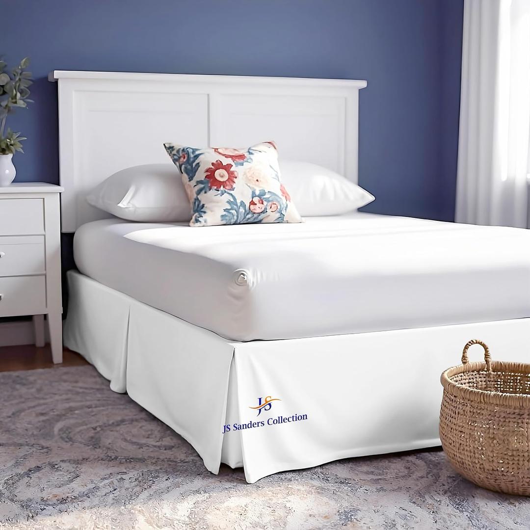 16 Inch Drop Bed Skirt King Size with Platform to Stay in Place Elegant Pleated Design with Split Corners Wrinkle Resistant Fabric for Modern and Stylish Look - White