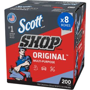 Scott Shop Original Blue Towels (75190), 9"x12" Cloth-like Paper Towel (8 Boxes of 200 Sheets, 1,600 Sheet Total)