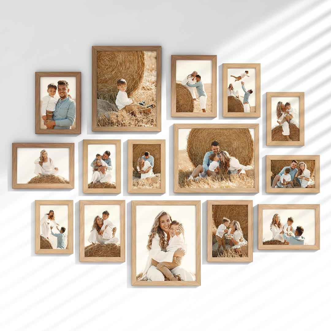 Venusmiles 15 Pack Picture Frames Collage Wall Decor, Gallery Frame Set for Wall Mounting or Tabletop Display, Multi Sizes Including 3pcs 8x10, 6pcs 5x7, 6pcs 4x6, Oak