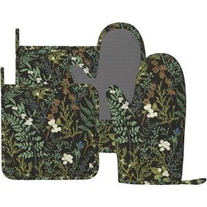 Botanical Print Floral Oven Mitts and Pot Holders Set of 4 Silicone Black Sage Green Botanical Print Kitchen Mitten Gloves and Farmhouse Potholders Set Vintage Oven Gloves Hot Holders for BBQ