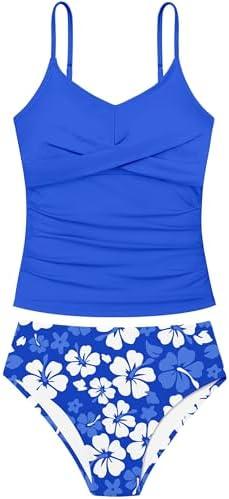 Aulyffo Girls Swimsuit 2 Piece Bathing Suit Criss Cross Ruched Girl Tankini Sets Printed Girls' Swimwear for 13-14 Years