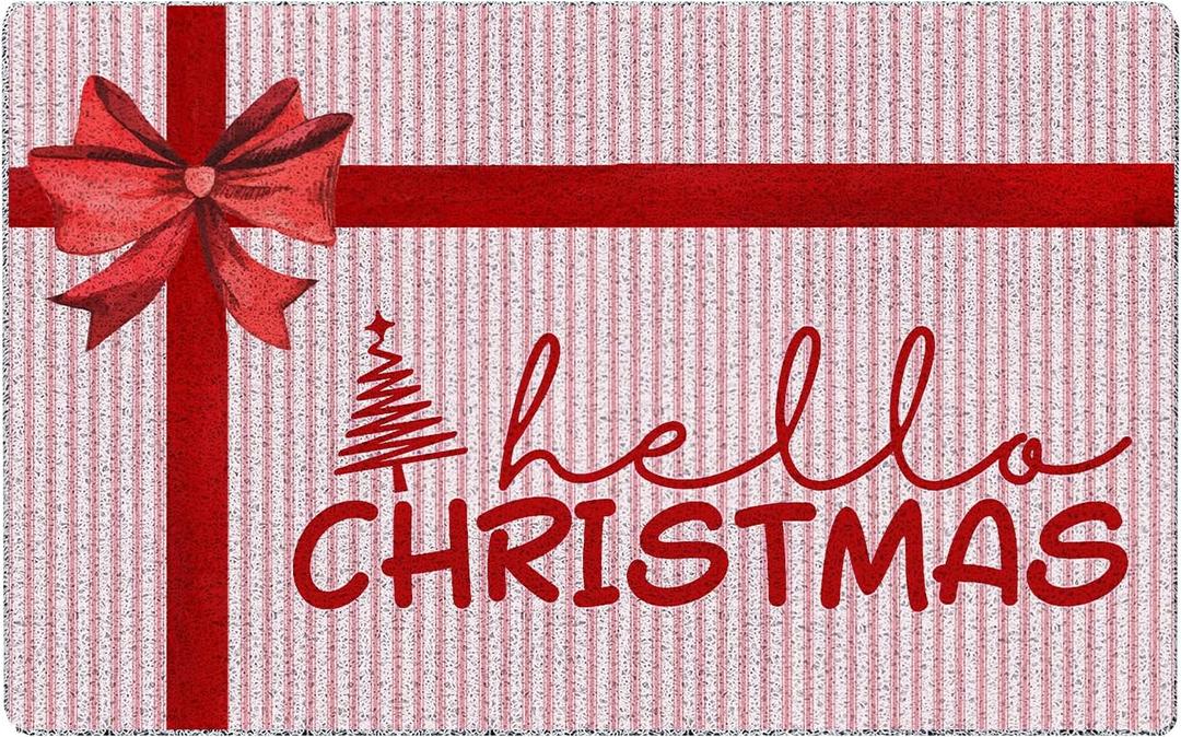 Red and White Striped Christmas Door Mat, Merry Bow Doormat Indoor Outdoor Entrance Entryway, Xmas Tree Ribbon Welcome Mats for Front Porch, 30x18 Inches