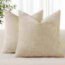 decorUhome Chenille Beige Spring Throw Pillow Covers 18x18 Inch Set of 2, Decorative Soft Couch Pillow Covers Solid Dyed Accent Farmhouse Neutral Square Pillow Cases for Sofa
