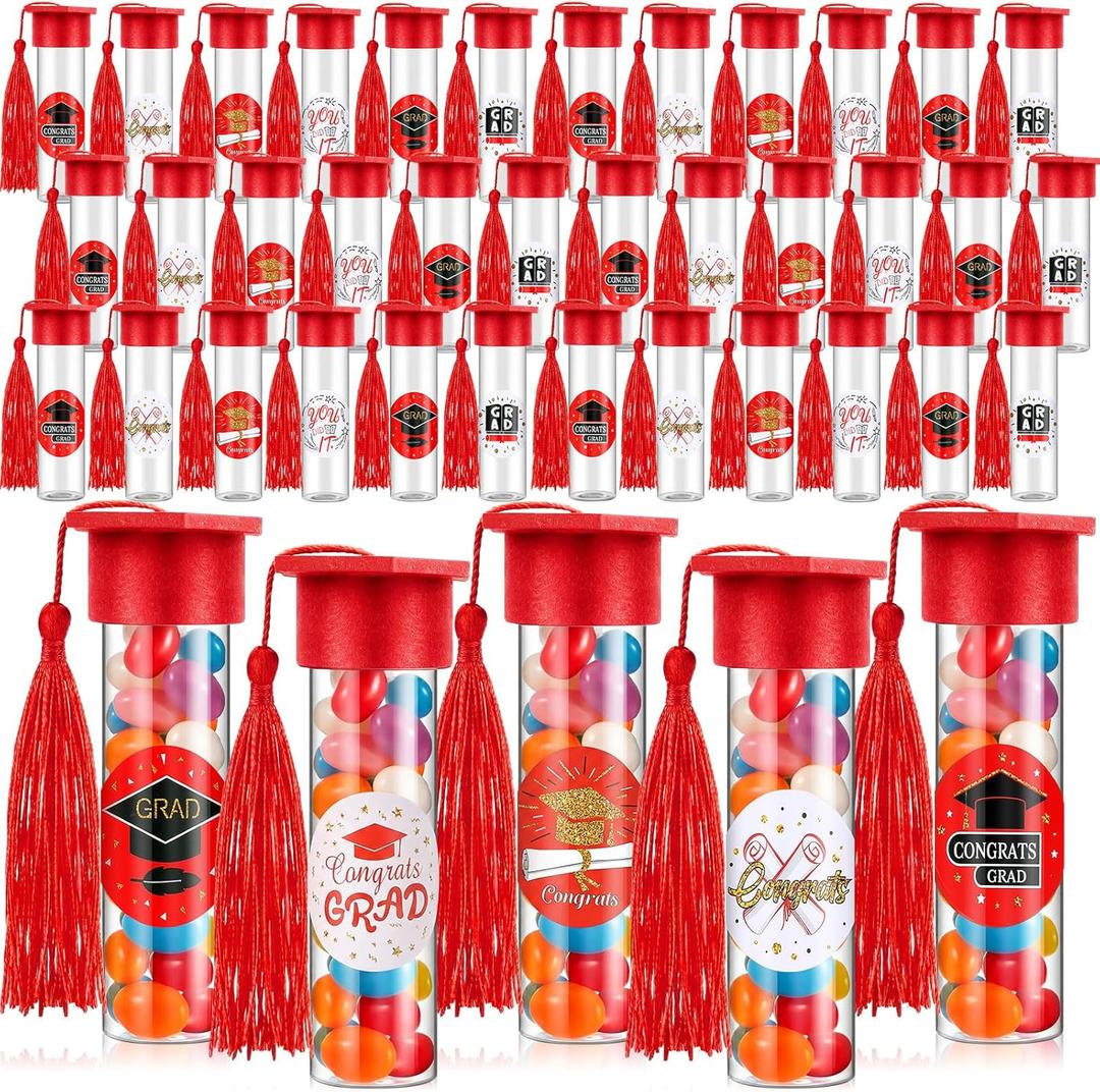 50 Sets 2026 Graduation Candy Tubes Bulk Jars with Label Stickers Graduation Party Favor Gumball Container with Tassel Cap Clear Plastic Test Tubes for DIY Grad Table Party Favors Prize Items (Red)