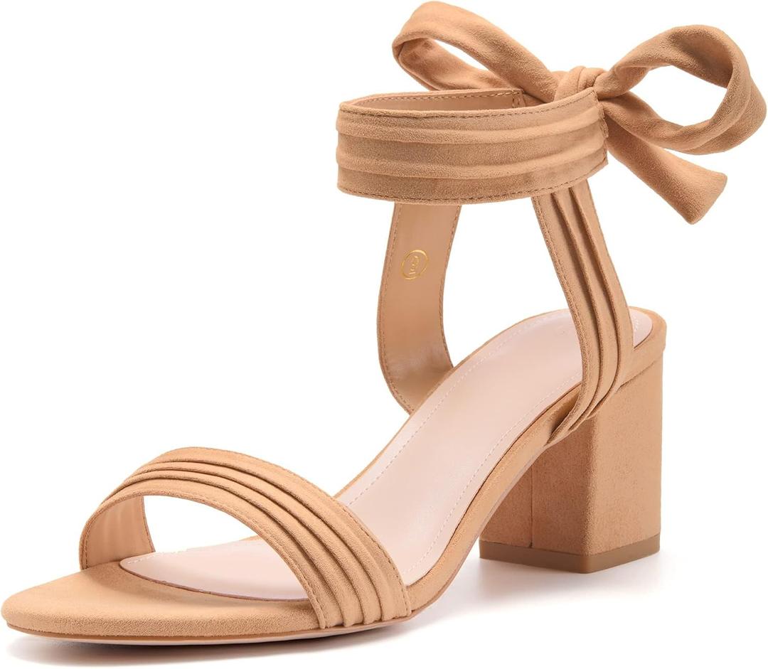 Coutgo Womens Open Toe Ankle Tie Back Low Block Chunky Heels Sandals Party Dress Pumps Shoes, Size 8.5