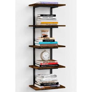 Harwaya 5 Tier Wall Bookshelf Unit for Bedroom Books, Large Floating Book Shelves Wall Mounted, Rustic Wood Lack Tiered Hanging Shelf for Kitchen Office Living Room Corner (Dark Brown), Tall
