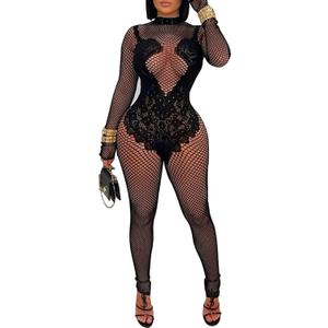 WEICHUJIAN Women's Sexy Mesh Hollow Jumpsuit Club Rave Party Bodysuit Lace One Piece Romper (Black, XL)
