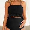 Summer Mae Maternity High Waist Swimsuit Ruffle Hem Bikini Bathing Suit Shirred Bandeau Two Piece Pregnancy Swimwear (Black, XL)