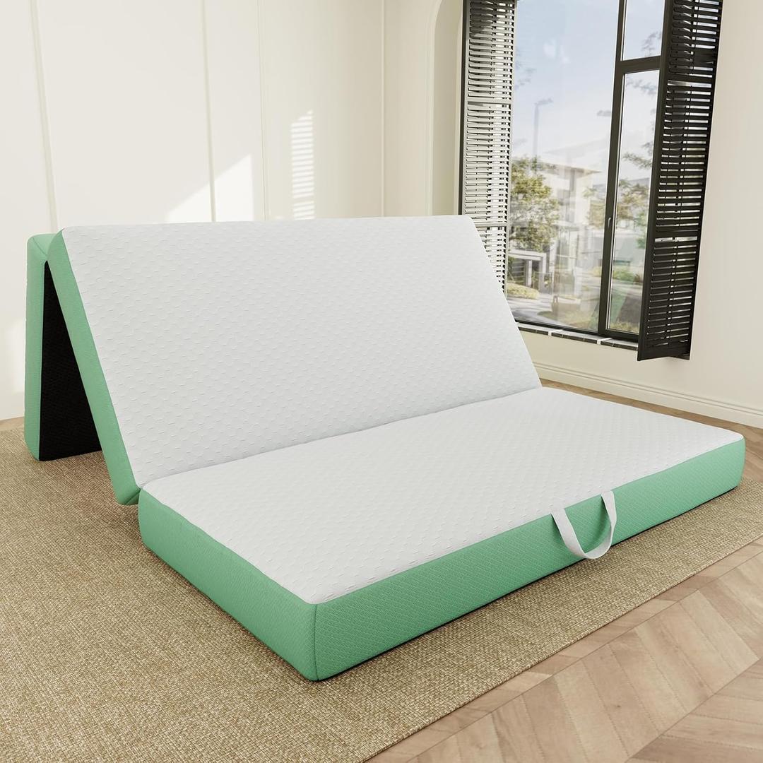 Memory Foam Trifold Mattress, Full Portable Floor Bed 6 Inch, Foldable Mat with Washable Cover, Handle & Non-Slip Bottom, for RV, Travel, Camping, Yoga, 73"x52"x6", White Green