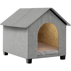 Indoor Dog House, Elevated Foldable Dog Cave Bed with Removable Plush Mat for Medium Dogs and Cats Up to 23.6 Inches Long
