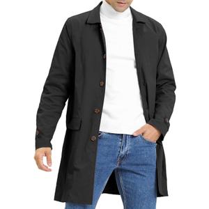 Mens Trench Coat Slim Fit Single Breasted Casual Long Jacket Lightweight Lapel Fall Windbreaker Overcoat (Black, S)