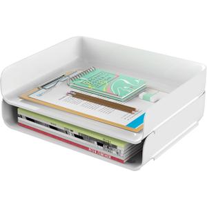 Tomorotec Desk Letter Tray Set, A4 Size White Stackable Document Organizer Office Desktop File Paper Holder Book Storage Rack Side Load Anti-Skid Stacking Support Convex Bottom (2X Landscape)