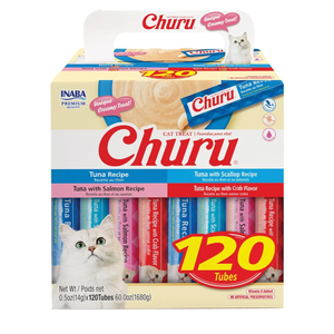 INABA Churu Cat Treats, Lickable, Squeezable Creamy Purée with Vitamin E, 0.5 Ounces per Tube, 120 Tubes Total, Tuna Variety