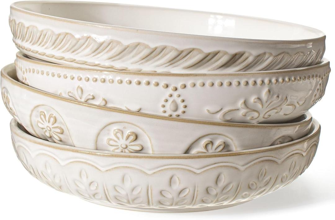 Artena Pasta Bowls, 50oz Large Salad Serving Bowls, 9.75'' Plates Bowls Set of 4, Big White Ceramic Soup Bowls for Kitchen