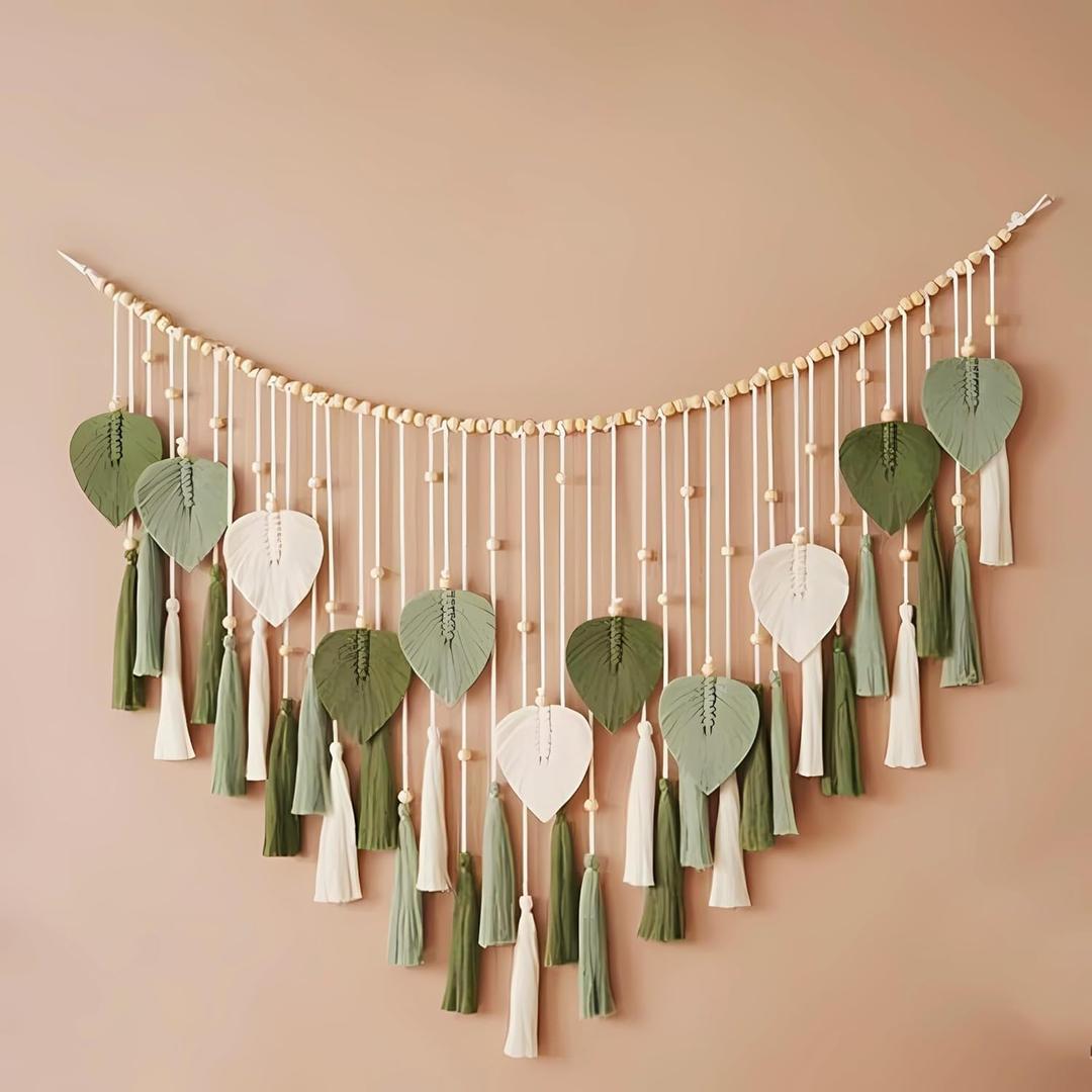 Green Macrame Wall Hanging Decor 29.5" x 49.3, Chic Boho Leaf Feather Tassel Garland Tapestries for Bedroom Living Room Nursery Decor