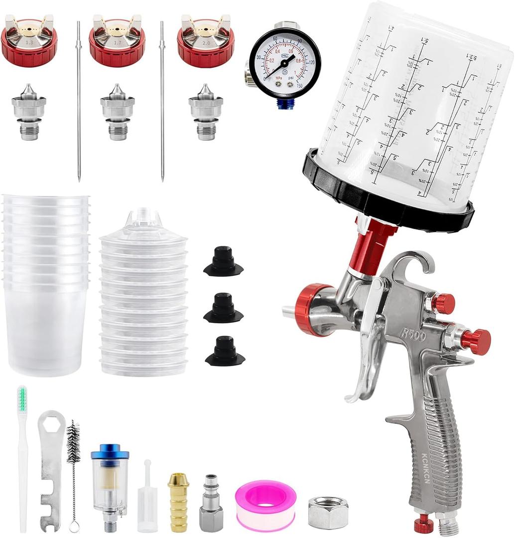 R500 LVLP Air Spray Gun with 650ml Mixing Cup& 10x Disposable Cups, 1.3/1.7/2.0mm Nozzles Paint Gun Sprayer, Automotive Paint Gun for House Painting, Car, Furniture, Fence, Varnish& Top Coat (Silver)