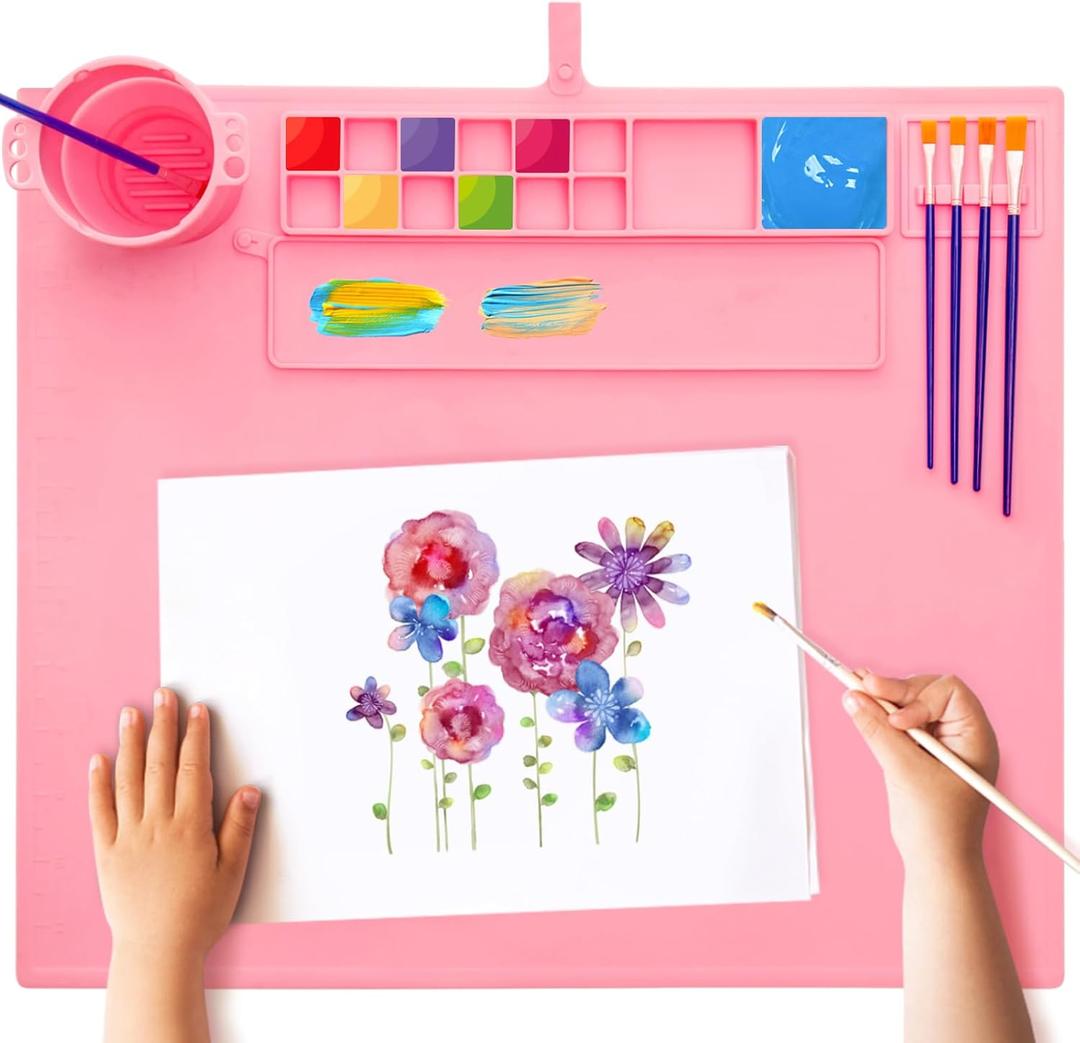 Silicone Painting Mat, 20"16" Craft Art Mat with Cup and Lid,Non Stick Silicone Sheet for Resin, DIY, Clay, Play Doh, Pink