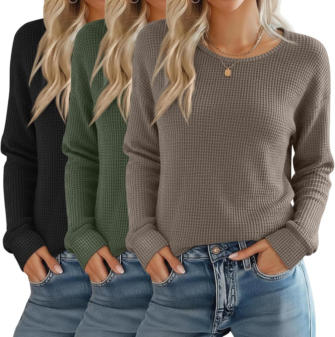 3 Pack Women's Waffle Knit Long Sleeve Shirts, Crew Neck Slim Fit Thermal Tops Casual Stretch Basic Pullover (XX-Large, Gray Coffee, Army Green, Black)